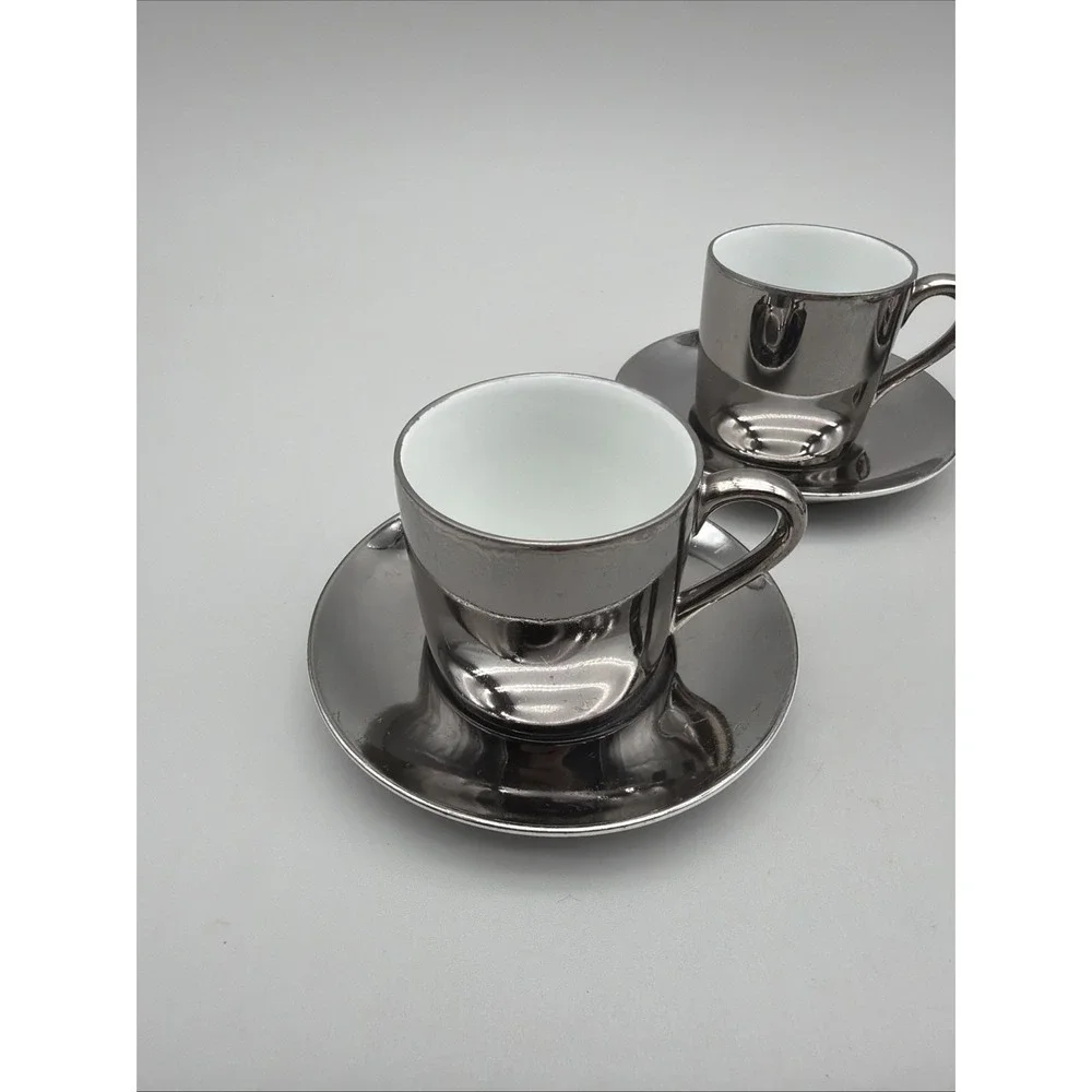 Fitz & Floyd Silver Demitasse Espresso Cups & Saucers Set 4 FF Stamp